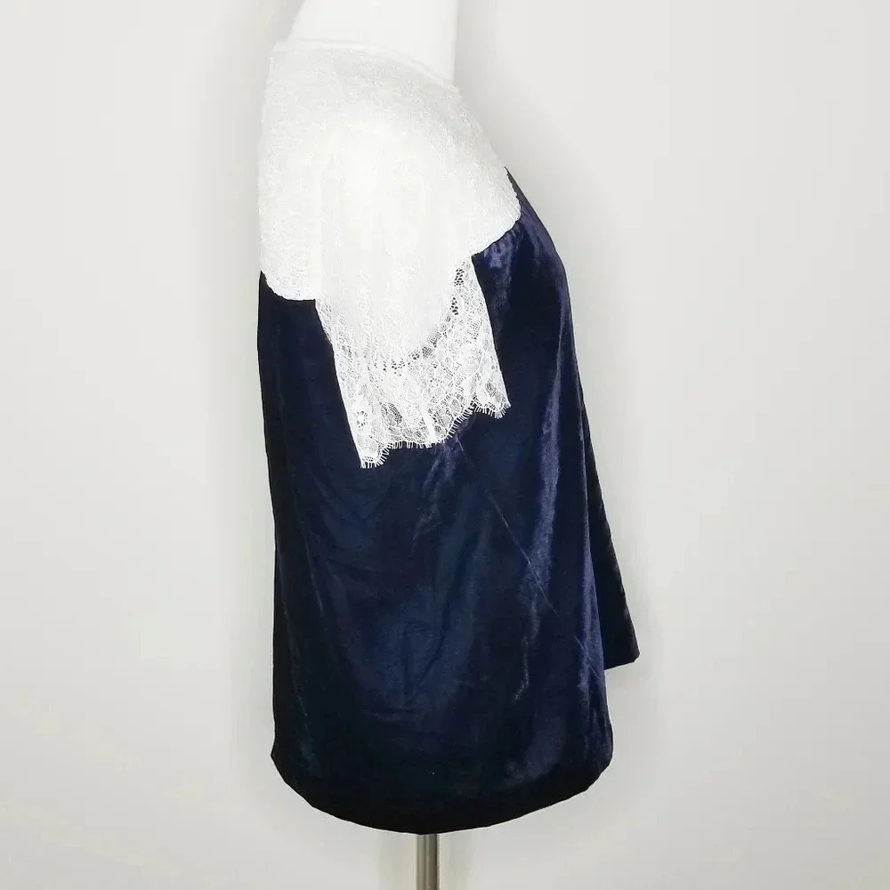 New Sandro Blue Velvet White Lace Short Sleeve Top M